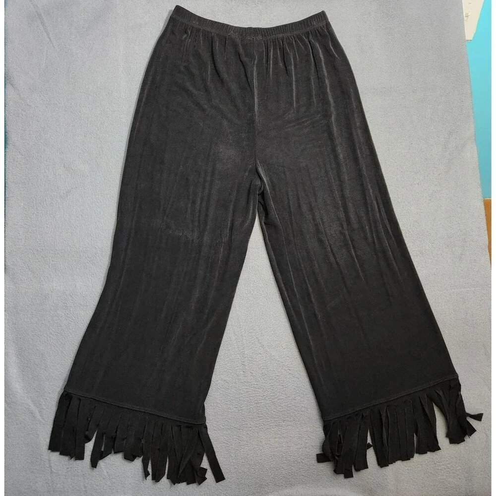 Chico's Travelers Pants Women 1 US 8 Black High Rise Slinky Knit Fringe Hem